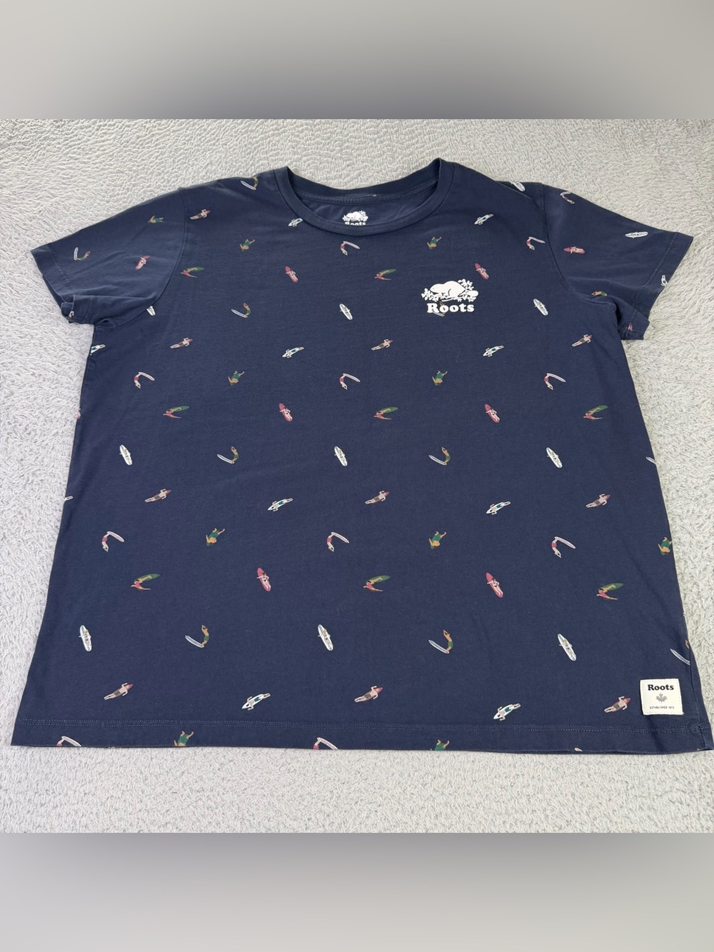 Roots Shirt Womens XL Navy Blue Surfing Theme Print Short Sleeve Cotton Preppy - Picture 2 of 11